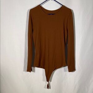 NUUDS WOMENS RIBBED BROWN CAMEL LONG SLEEVE BODYSUIT XXL